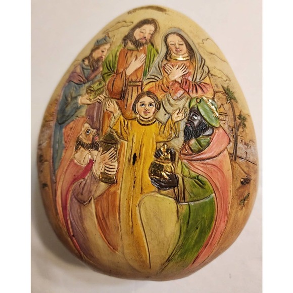 Nativity Scene Three Wise Men Bearing Gifts Large Ceramic Egg Gold Embellished - Picture 1 of 5